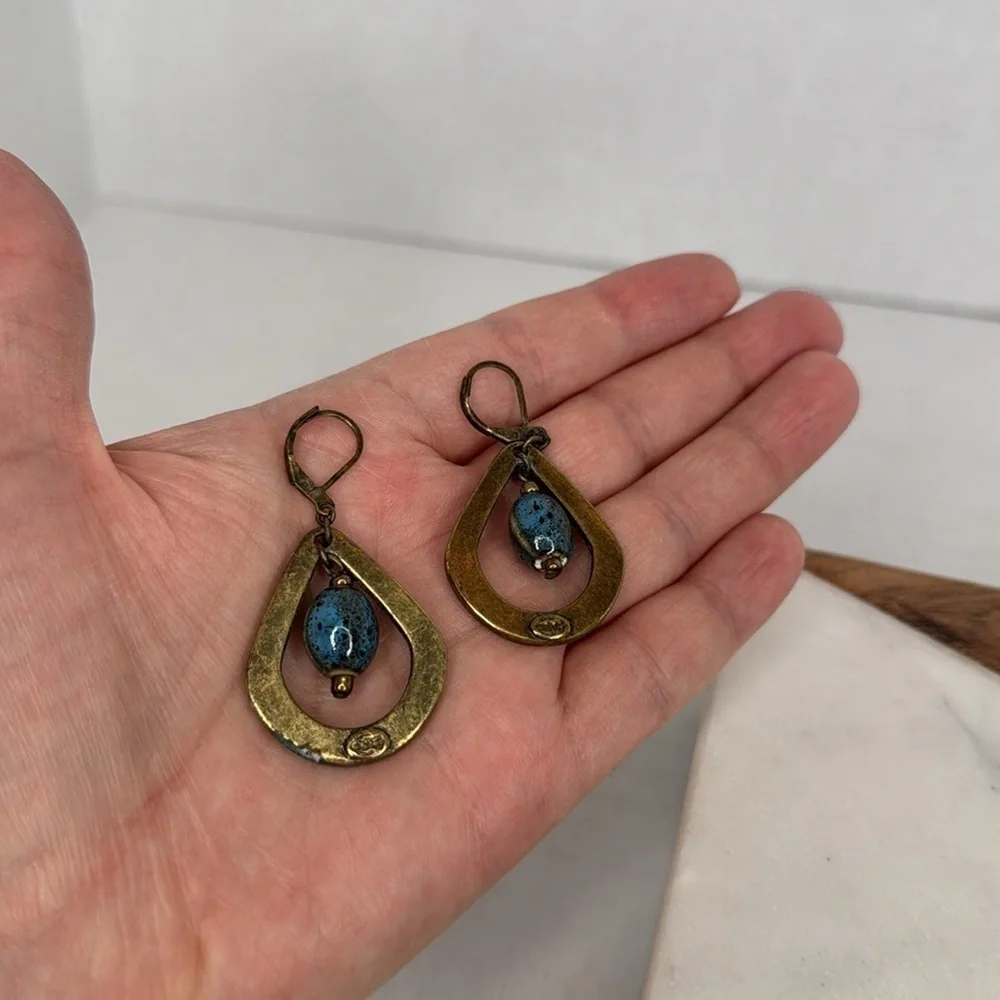 Premier Design Blue Ceramic Bead Brass Tone Dangle lot E9